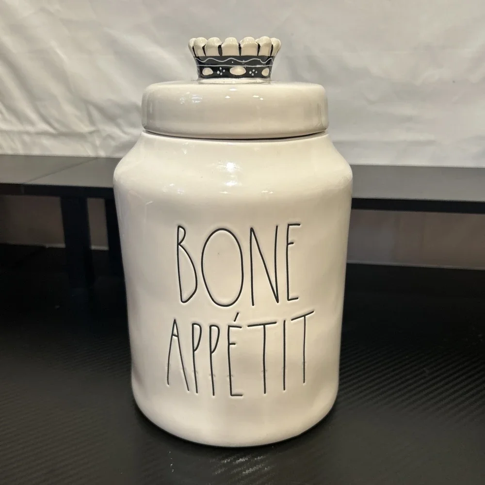 Rae Dunn Large Canister With Lid Bone Appetit Crown Finial